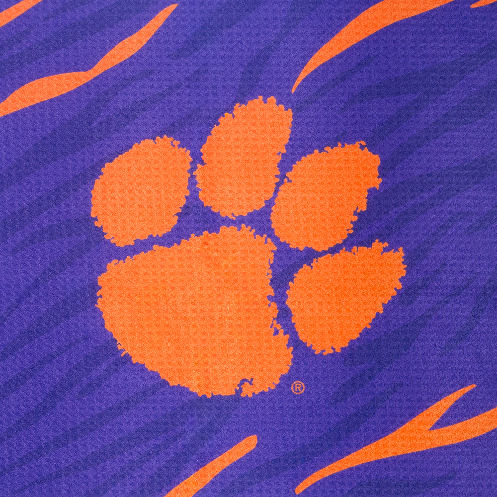 Clemson Tigers golf towel with tiger and paw print design on a purple background
