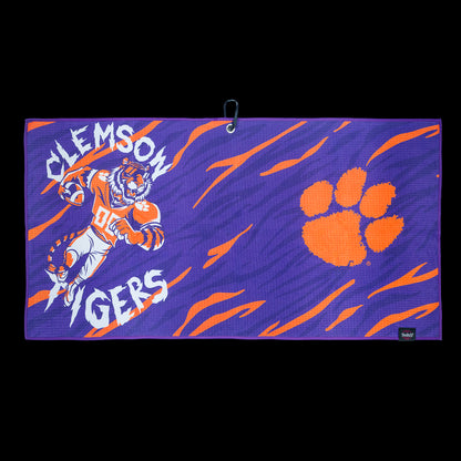 Purple Clemson Tigers golf towel with tiger mascot illustration, orange paw logo, and bold team graphics