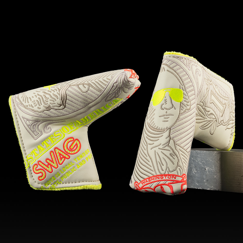 SWAG Golf Gigantic George cream and neon yellow core blade golf headcover.