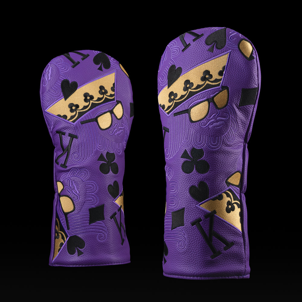 Purple and gold Poker King golf driver headcover.