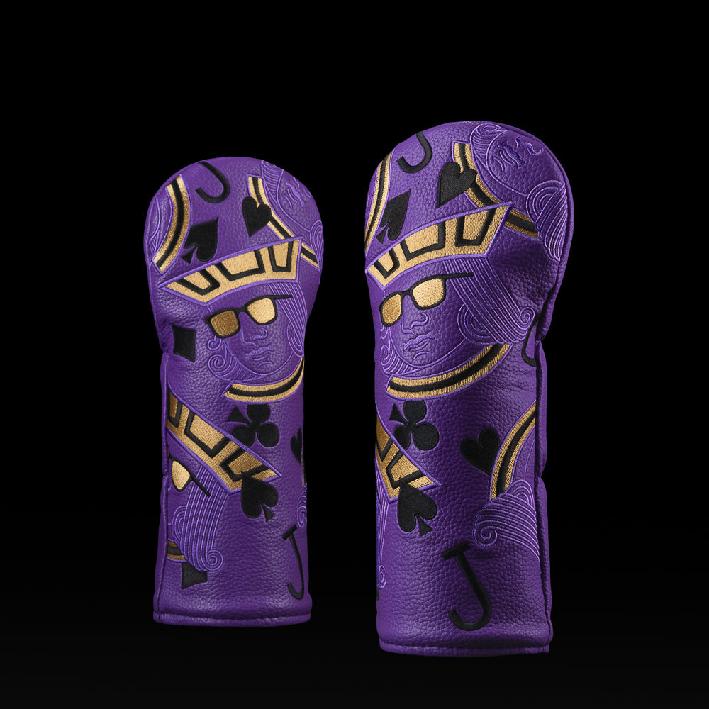 Purple and gold Poker Jack fairway wood golf headcover.