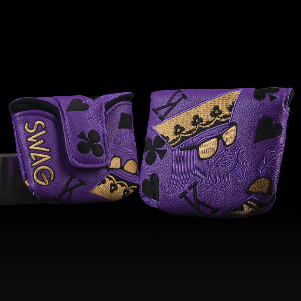 Purple and gold Poker King mallet golf putter headcover.