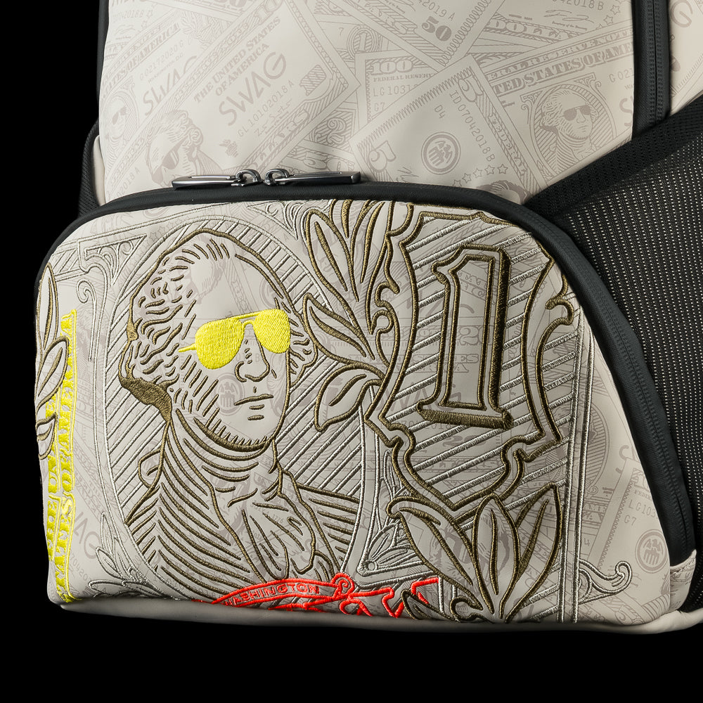 Cream currency themed backpack with 'SWAG' text and George washington embroidered details.