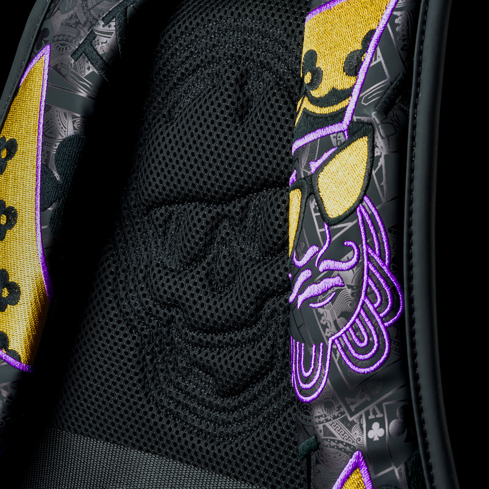 SWAG Golf black backpack with 'SWAG' text and Poker King purple and gold details.
