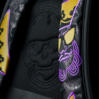 SWAG Golf black backpack with 'SWAG' text and Poker King purple and gold details.