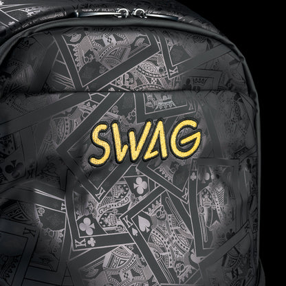 SWAG Golf black backpack with 'SWAG' text and Poker King purple and gold details.
