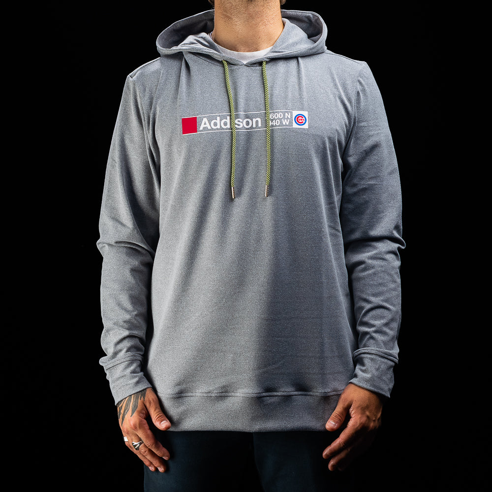 SWAG Golf x Chicago Cubs Addison subway stop sign gray lounge hoodie on model.