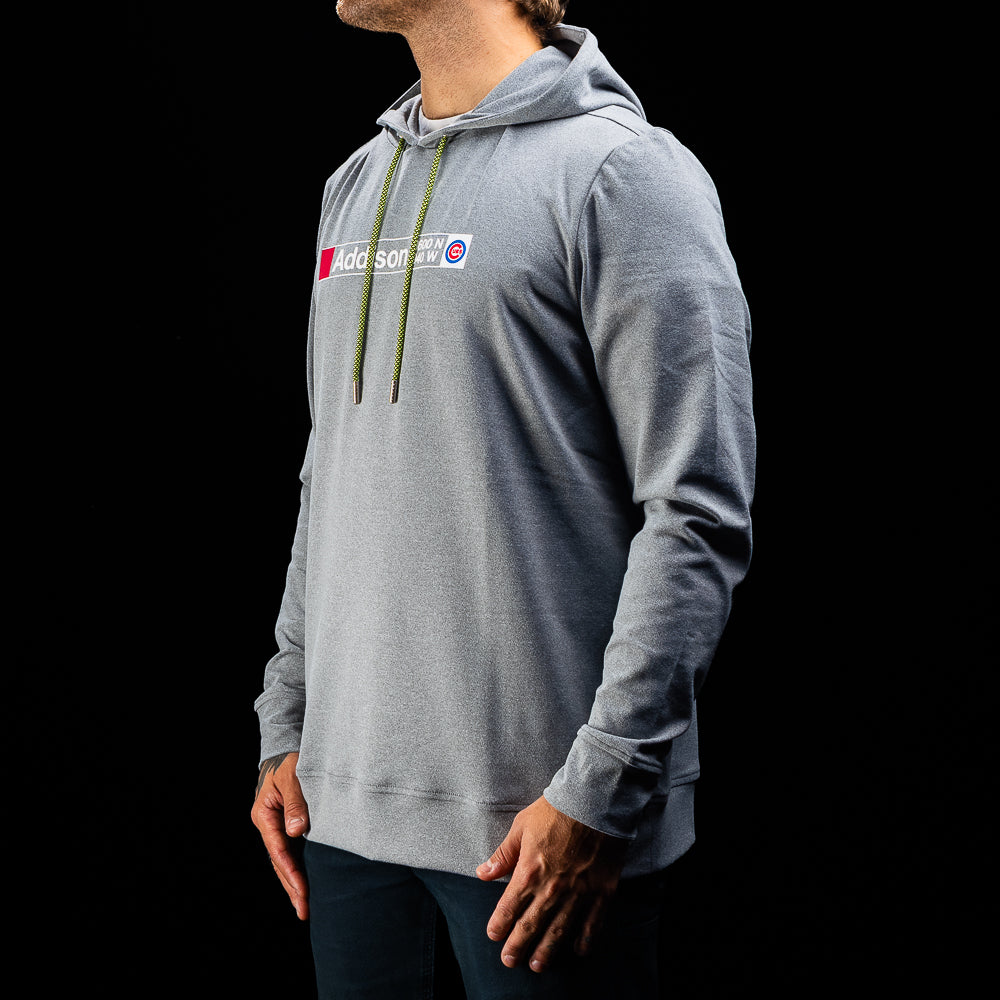 SWAG Golf x Chicago Cubs Addison subway stop sign gray lounge hoodie on model.