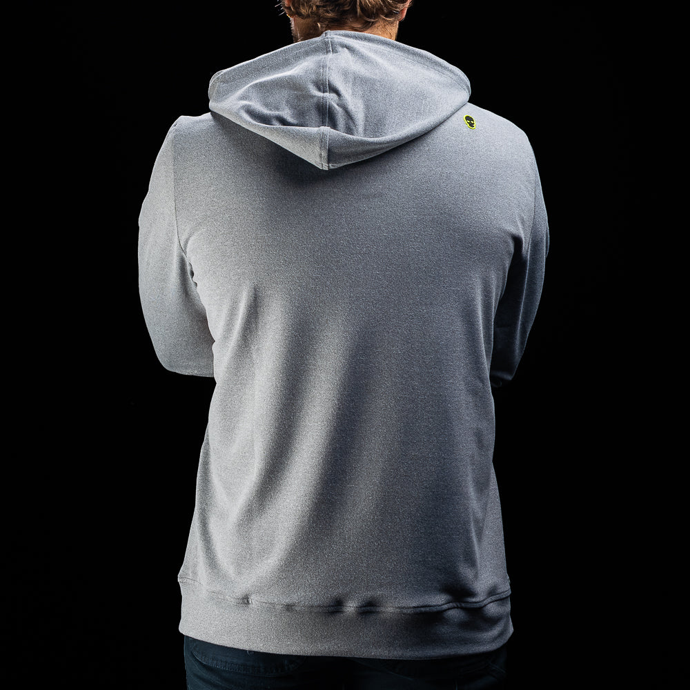 SWAG Golf x Chicago Cubs Addison subway stop sign gray lounge hoodie on model.