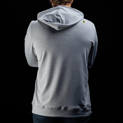 SWAG Golf x Chicago Cubs Addison subway stop sign gray lounge hoodie on model.