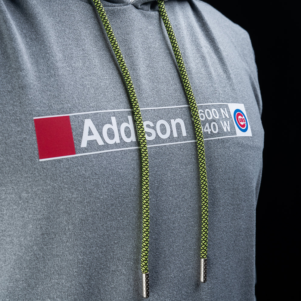 SWAG Golf x Chicago Cubs Addison subway stop sign gray lounge hoodie on model.