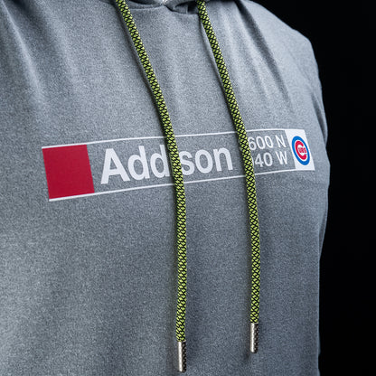SWAG Golf x Chicago Cubs Addison subway stop sign gray lounge hoodie on model.