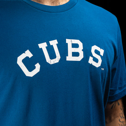 A close-up of a person wearing a royal blue crewneck t-shirt with 'CUBS' printed across the chest in distressed white varsity-style block letters.