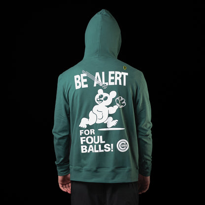 Back view of the Chicago Cubs Be Alert For Foul Balls Lounge Hoodie featuring bold foul ball warning graphics and Cubs details.