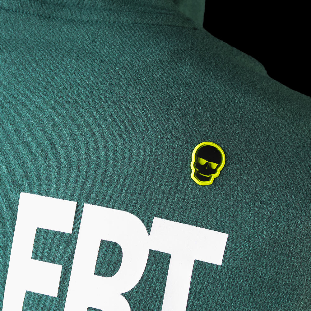Close-up of the Be Alert For Foul Balls back graphic with SWAG skull logo detail on the Chicago Cubs Lounge Hoodie.