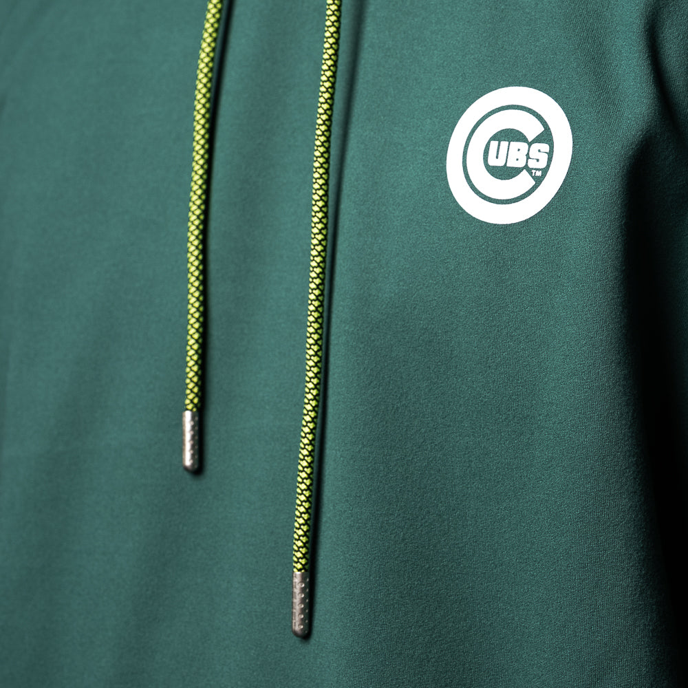 Close-up of the Chicago Cubs Be Alert For Foul Balls Lounge Hoodie with Cubs logo and contrast drawstrings.