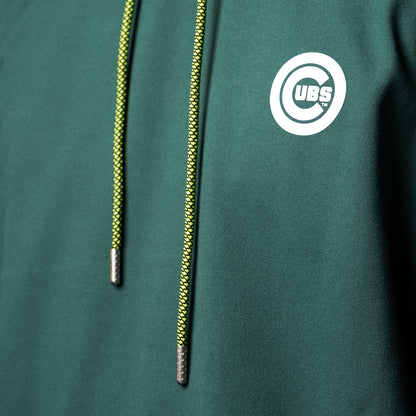 Close-up of the Chicago Cubs Be Alert For Foul Balls Lounge Hoodie with Cubs logo and contrast drawstrings.