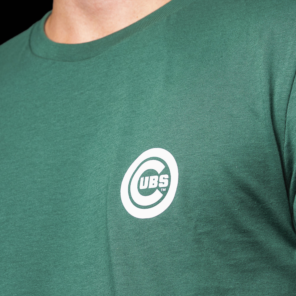 Close-up of the Chicago Cubs chest logo on the green Be Alert For Foul Balls T-Shirt.