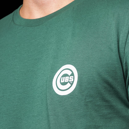 Close-up of the Chicago Cubs chest logo on the green Be Alert For Foul Balls T-Shirt.