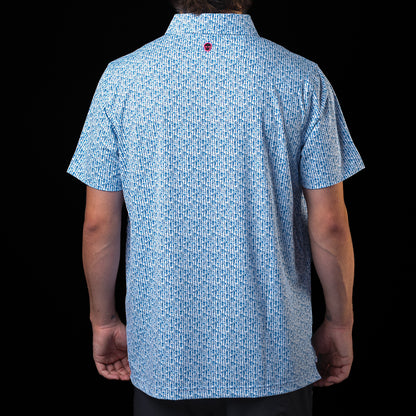 Back view of the Chicago Cubs Beer Pattern Classic Polo Shirt featuring an all-over blue beer pattern.