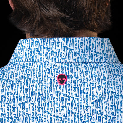 Close-up of the Chicago Cubs Beer Pattern Classic Polo Shirt collar with blue beer graphics and Pink SWAG logo detail.
