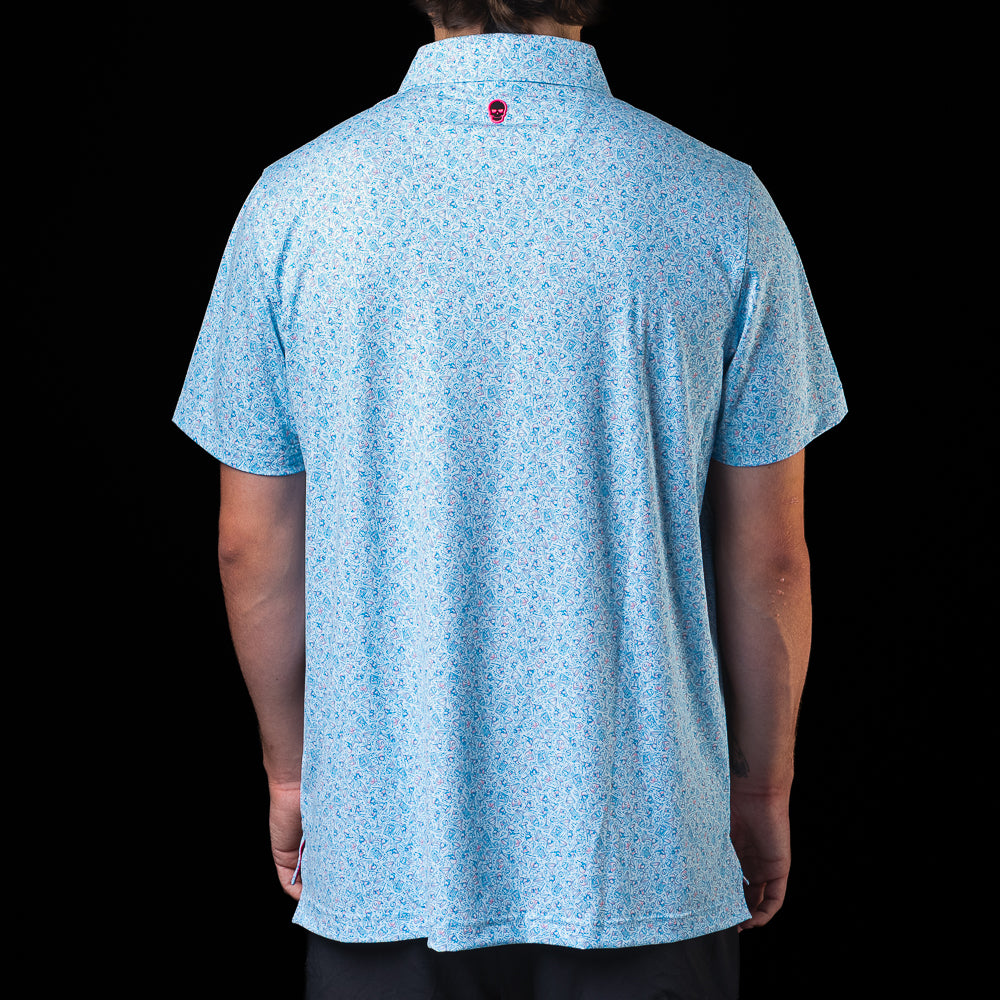 Back view of the Chicago Cubs Bobblehead Classic Polo Shirt featuring an all-over light blue Cubs pattern.