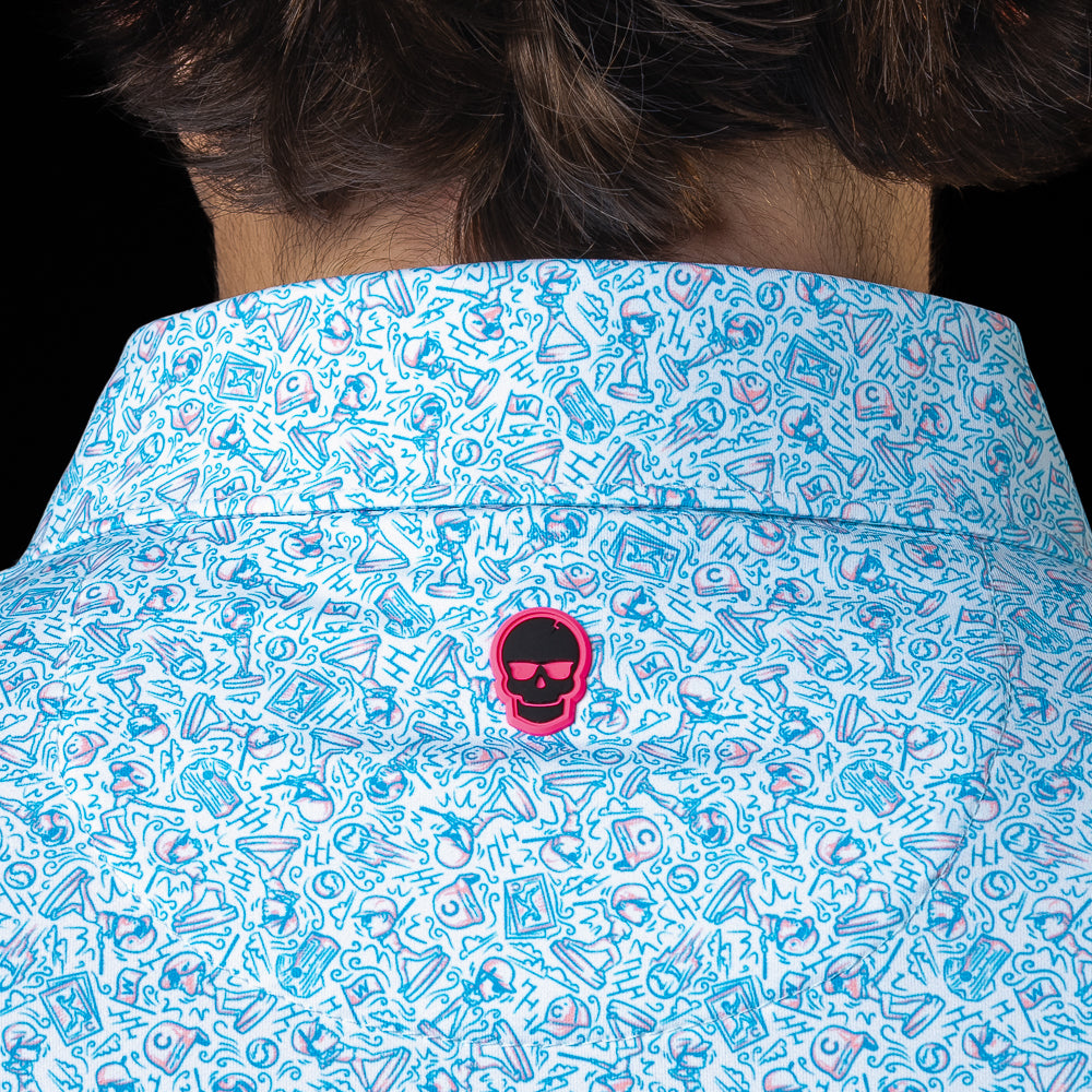 Close-up of the back collar on the Chicago Cubs Bobblehead Classic Polo Shirt with SWAG skull logo detail.