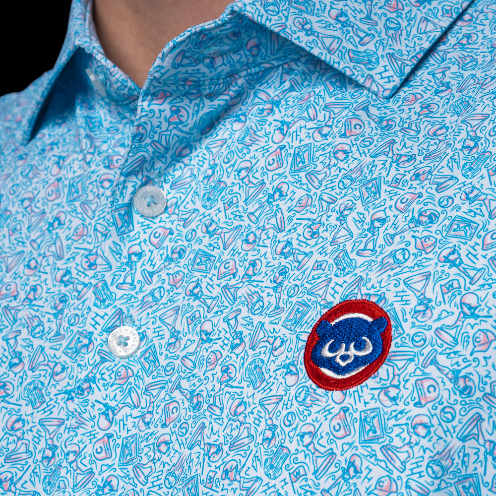 Close-up of the Chicago Cubs Bobblehead Classic Polo Shirt collar and embroidered Cubs chest logo.