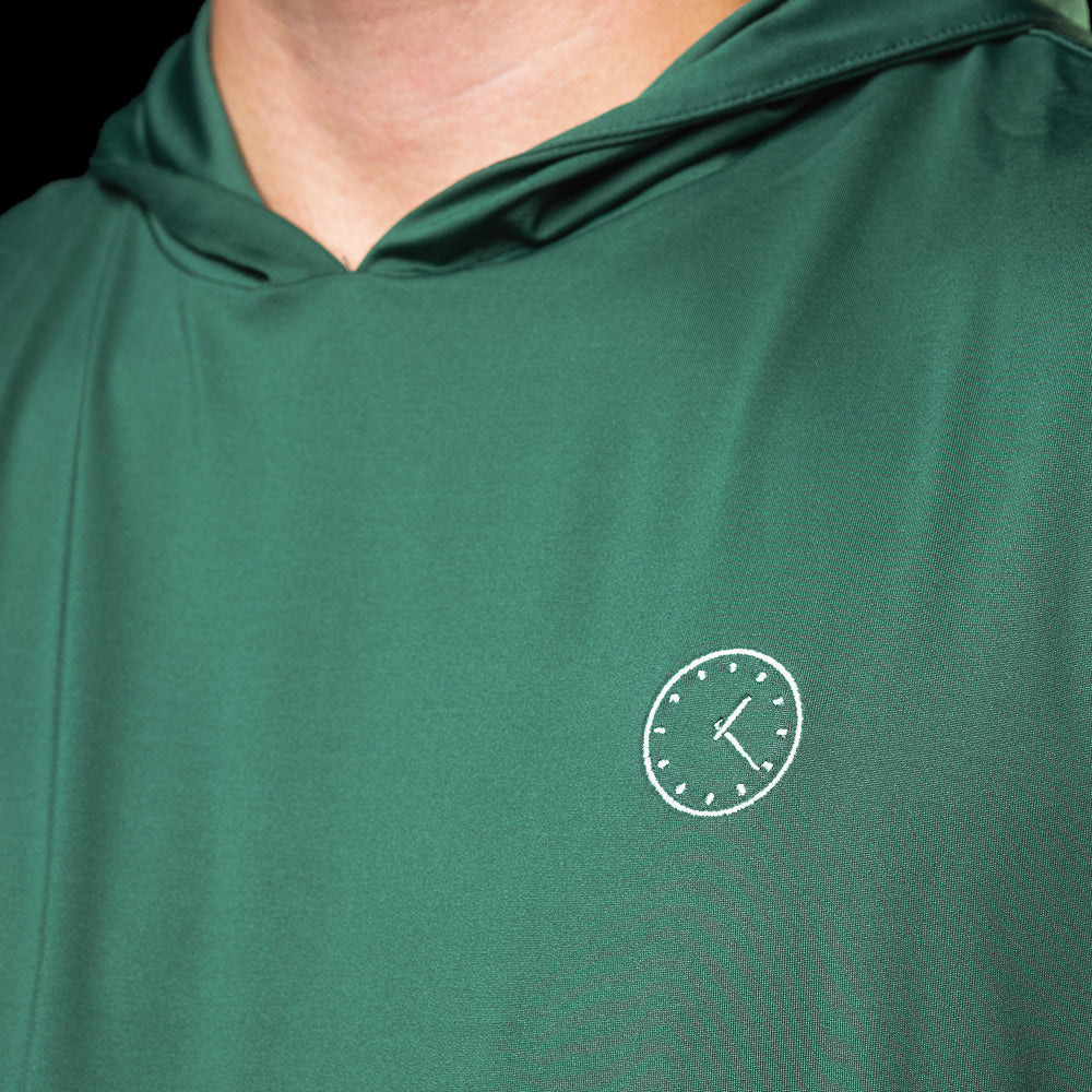 Close-up of the embroidered 1:20 clock graphic on the Chicago Cubs Player Hoodie.