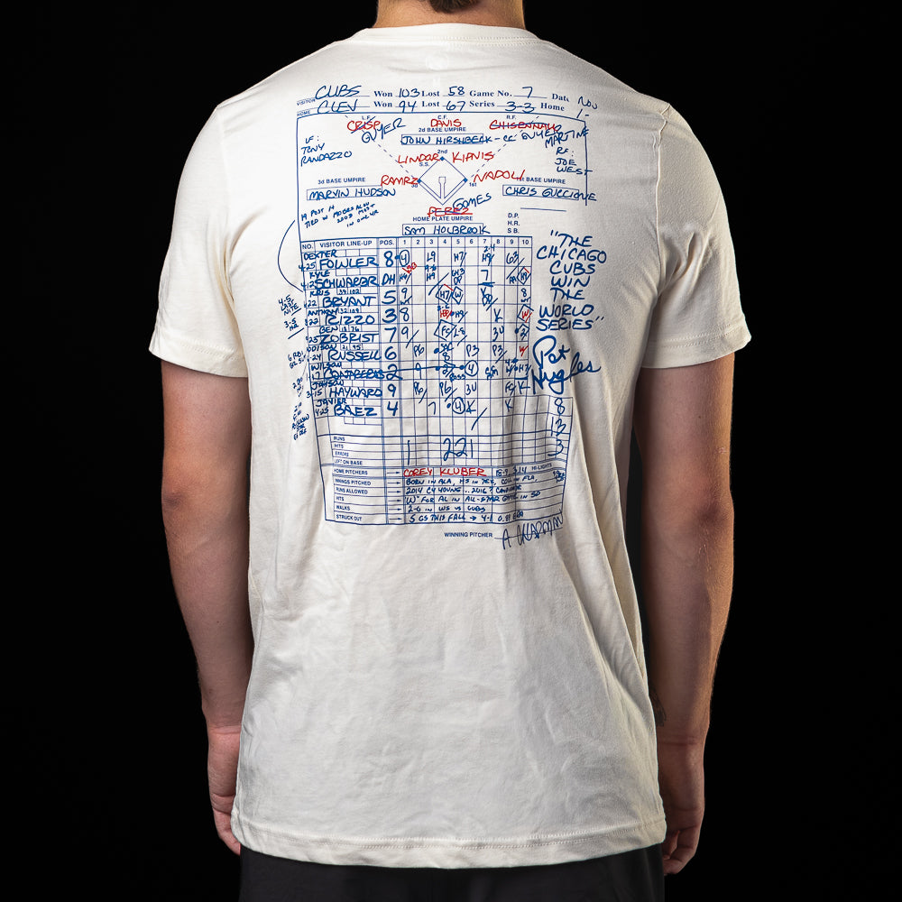 Back view of the Chicago Cubs Game 7 Scorecard T-Shirt featuring a detailed Game 7 scorecard graphic.