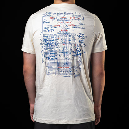 Back view of the Chicago Cubs Game 7 Scorecard T-Shirt featuring a detailed Game 7 scorecard graphic.