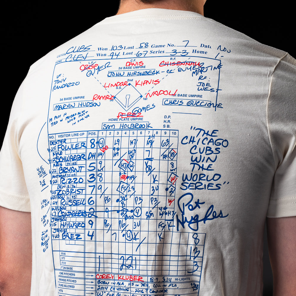 Close-up of the Game 7 scorecard graphic on the back of the Chicago Cubs T-Shirt.