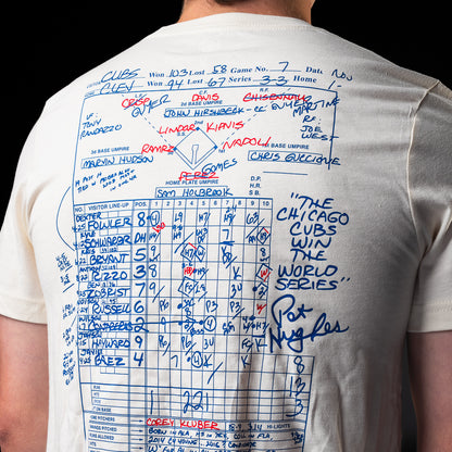 Close-up of the Game 7 scorecard graphic on the back of the Chicago Cubs T-Shirt.