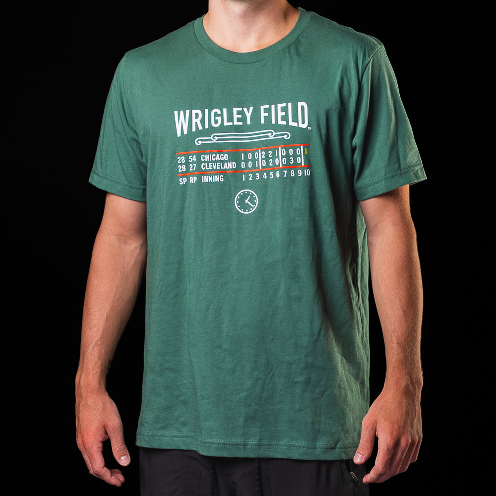 SWAG Golf Chicago Cubs Scoreboard T-Shirt in green with Wrigley Field scoreboard graphics across the front.