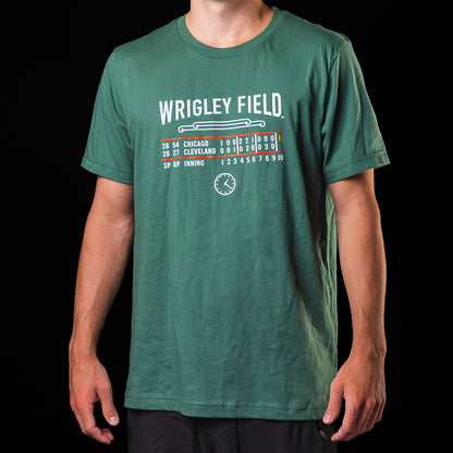 SWAG Golf Chicago Cubs Scoreboard T-Shirt in green with Wrigley Field scoreboard graphics across the front.
