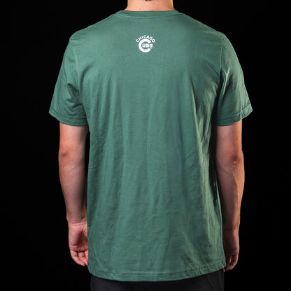 Back view of the green Chicago Cubs Scoreboard T-Shirt with small Cubs logo below the neckline.
