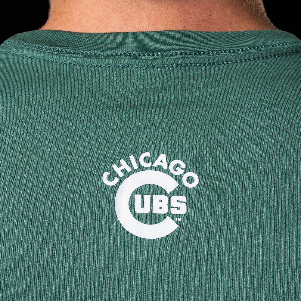 Close-up of the Chicago Cubs logo below the back neckline of the green Scoreboard T-Shirt.