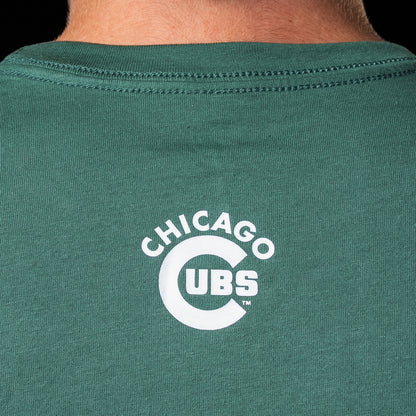 Close-up of the Chicago Cubs logo below the back neckline of the green Scoreboard T-Shirt.