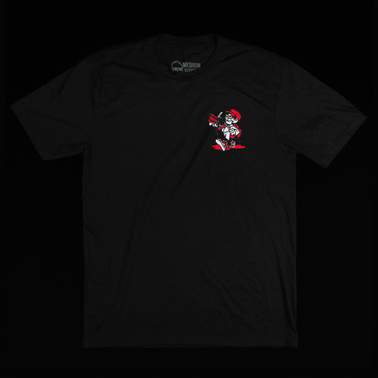 Swag black and red men's short sleeve STFU t-shirt featuring a skeleton caddy.