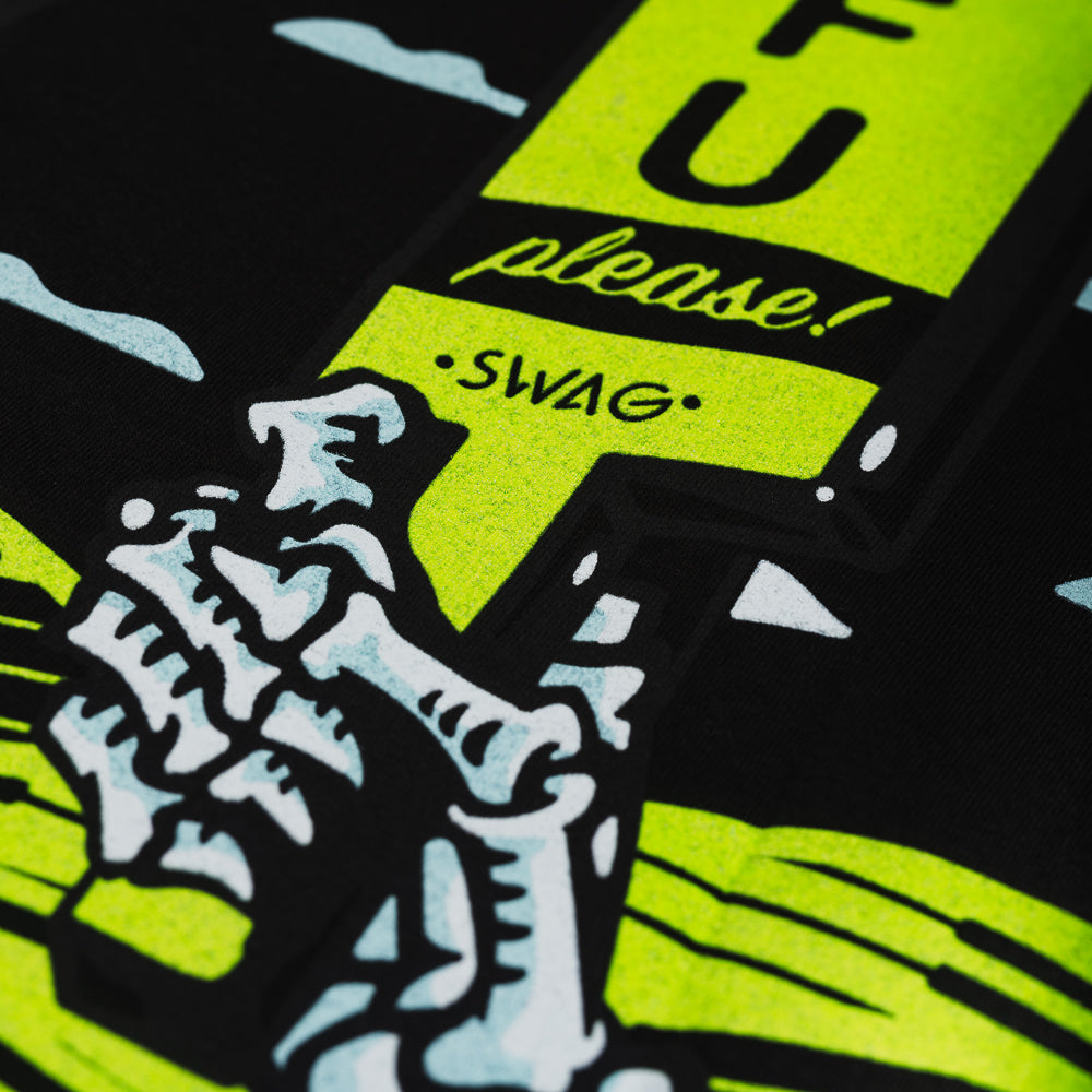 Black STFU t-shirt with neon yellow skull caddie.