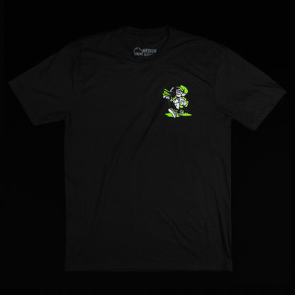 Black STFU t-shirt with neon green skull caddie.