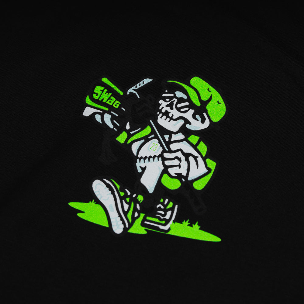 Black STFU t-shirt with neon green skull caddie.