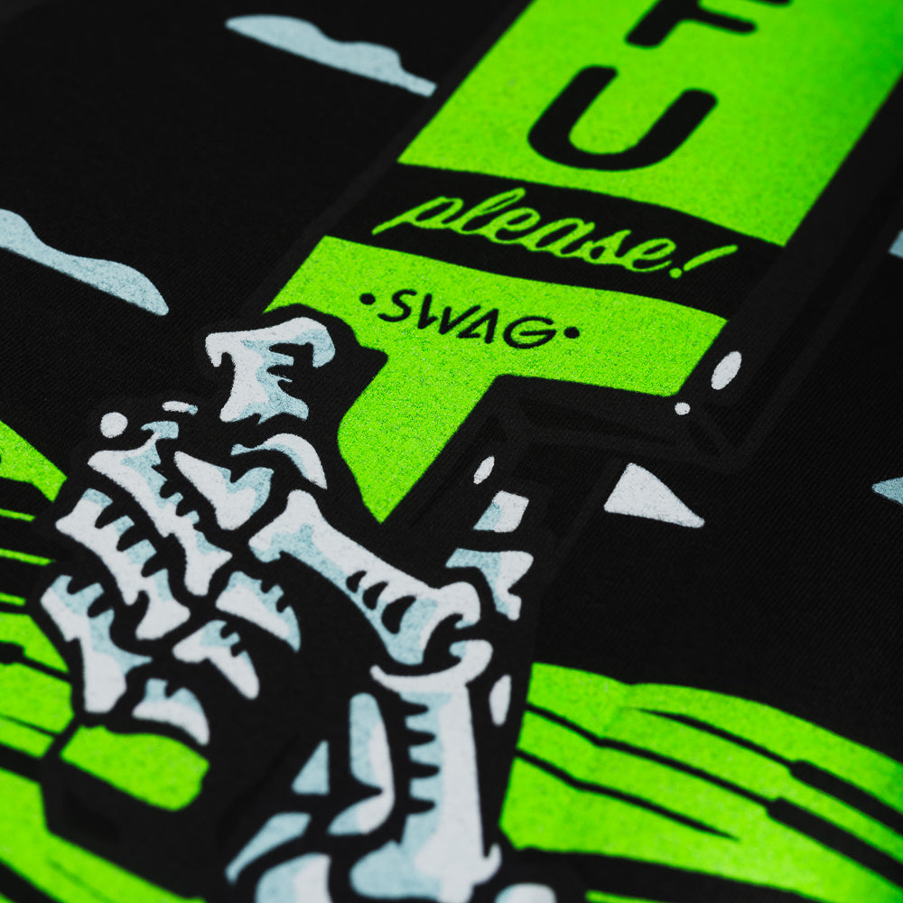 Black STFU t-shirt with neon green skull caddie.