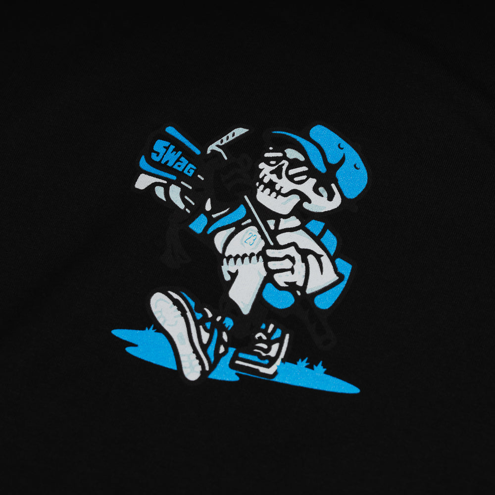 Swag black and blue men's short sleeve STFU t-shirt featuring a skeleton caddy.