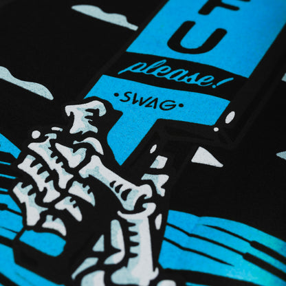 Swag black and blue men's short sleeve STFU t-shirt featuring a skeleton caddy.