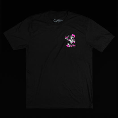 Black STFU t-shirt with neon pink skull caddie.