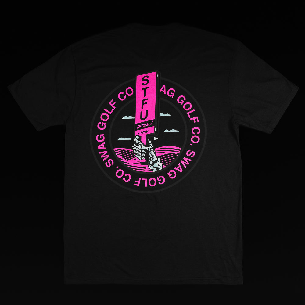 Black STFU t-shirt with neon pink skull caddie.