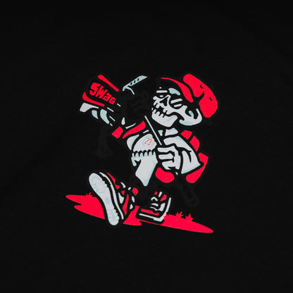 Swag black and red men's short sleeve STFU t-shirt featuring a skeleton caddy.