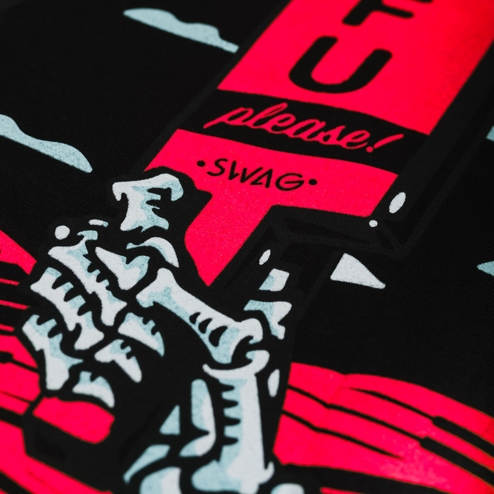 Swag black and red men's short sleeve STFU t-shirt featuring a skeleton caddy.