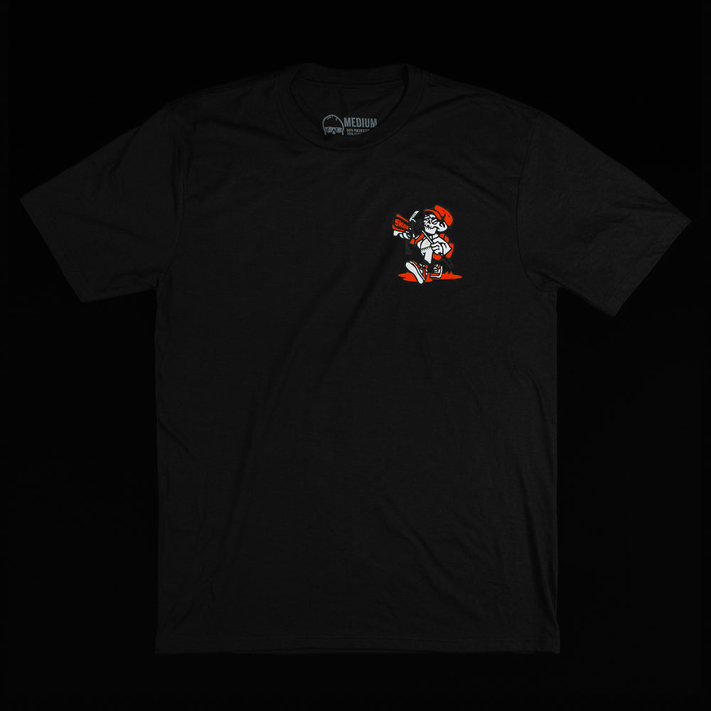 Swag black and orange men's short sleeve STFU t-shirt featuring a skeleton caddy.